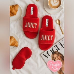Juicy Couture Red Plush Slide Slippers Women’s L (8/9) Fuzzy Fur NWT